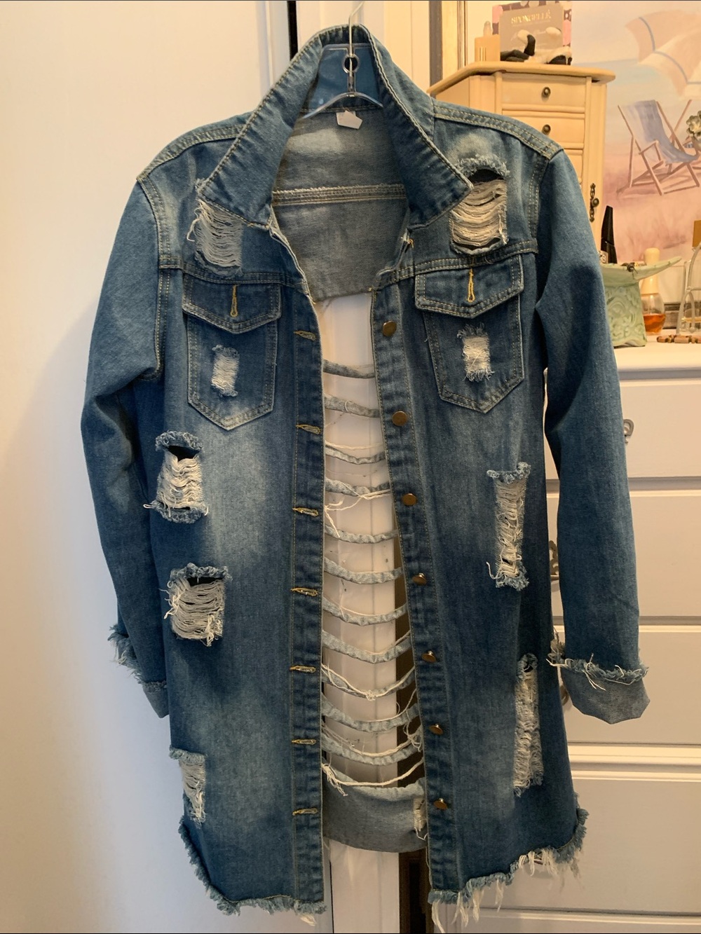 Longer Length Distressed Shredded & Frayed Blue Denim Jacket/Coat.